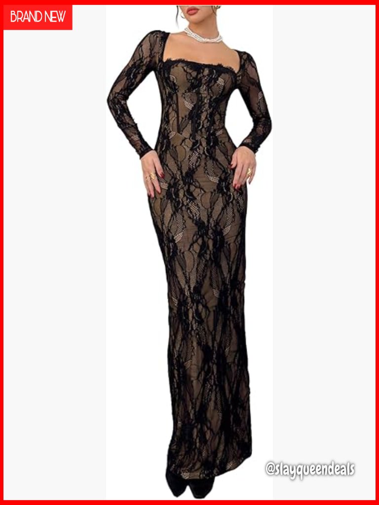 Elegant Floral Lace Bodycon Maxi Dress Long Sleeve Split Back